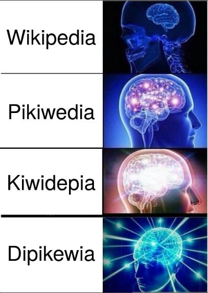 Expanding Brain meme: Wikipedia for a tiny brain, Pikiwedia for an average brain, Kiwidepia for a strong brain, Dipikewia for an extraordinary brain