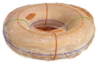 photographed donut with a translucent abstract perfect torus superimposed on it to accentuate the shape